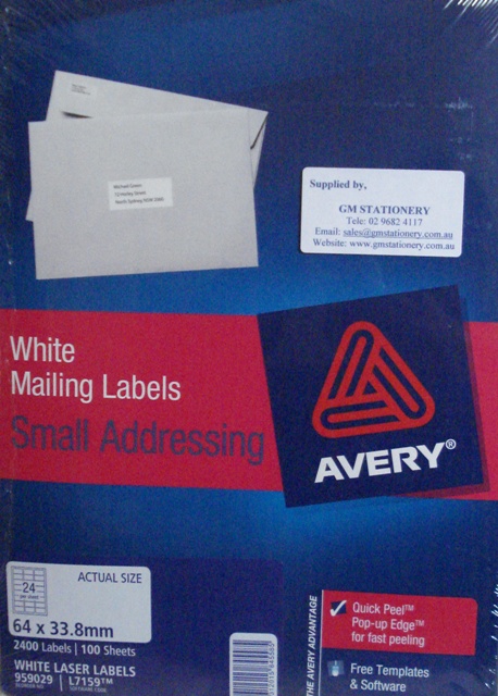 Avery 959029 Label L7159-100 64 x 33.8mm 24 per page Box 100